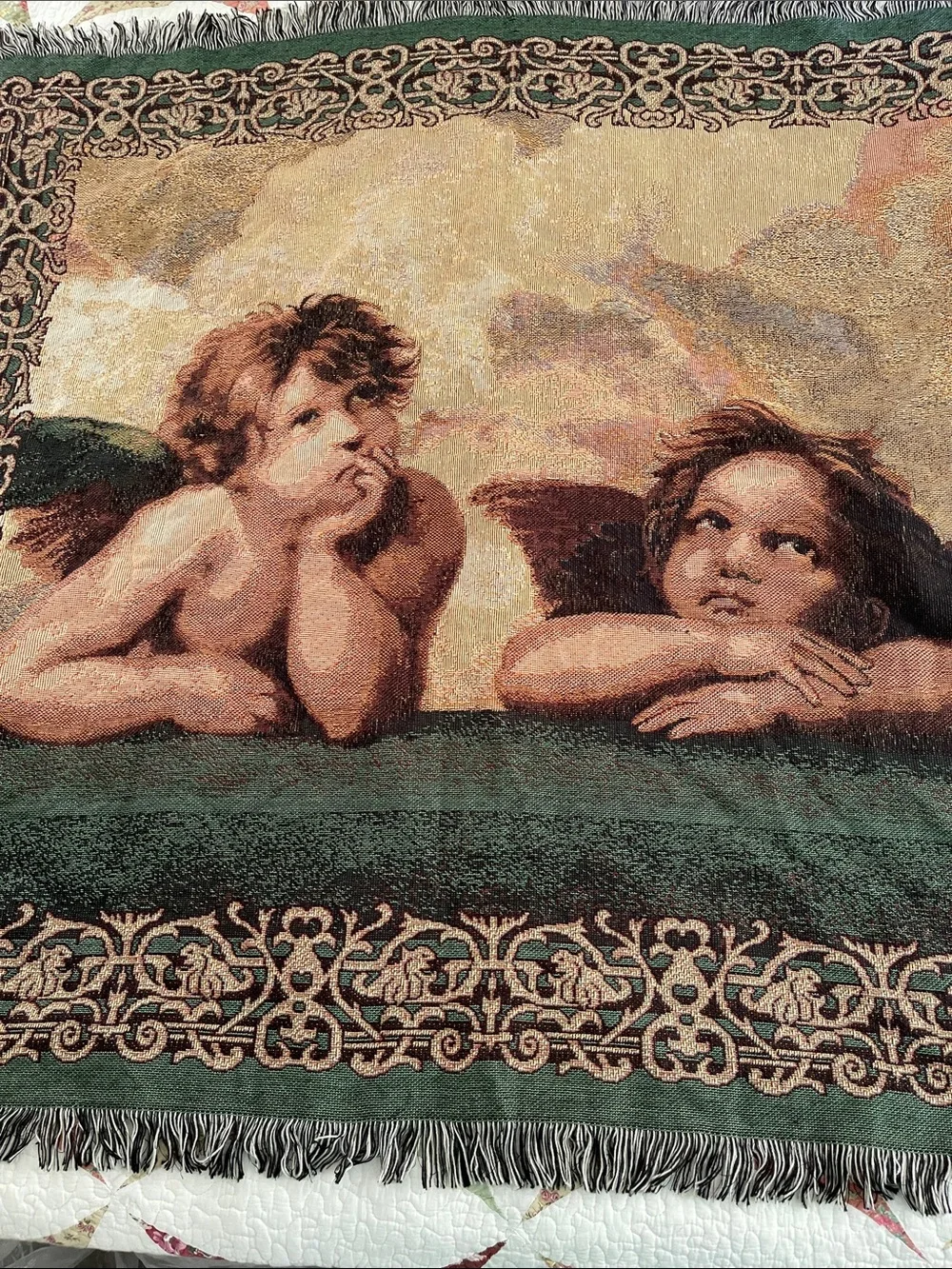 Raphael Cherub throw blanket green  tan vintage